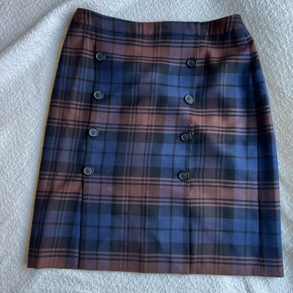 Brooks Brothers 346 Womens 8 Wool‎ Skirt Plaid Navy Brown 100% Wool Preppy Mid